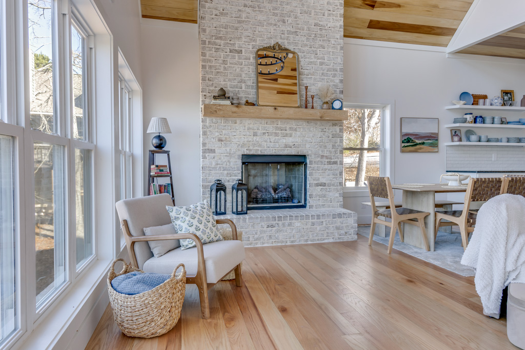 Living room stone fireplace